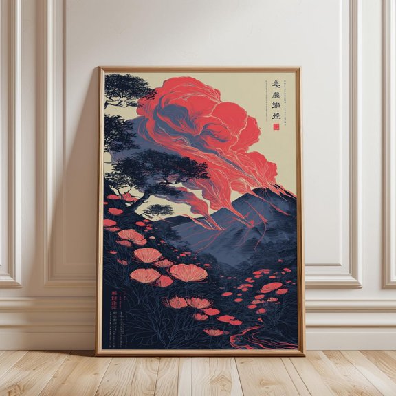 Volcano Landscape Japanese Illustration Red Navy and Beige Nature Art, Stretched Canvas 8x10in