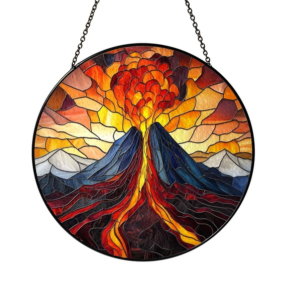 Volcano Landscape Window Decor – Stained Glass Style Hanging Art1601