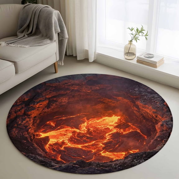 Volcano Lava 3FT Round Area Rugs Nature Abstract Volcano Dark Abyss Fire Soft Small Round Rug Non-Slip, Ultra-Thin Indoor Circle Carpet for Bedroom Entryway Kitchen Bathroom