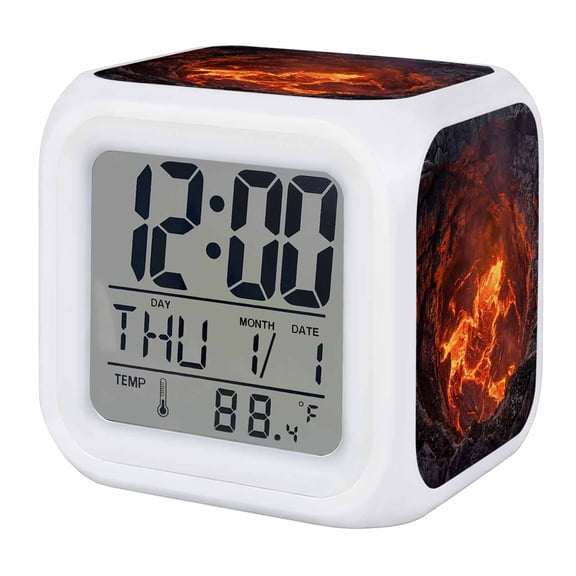 Volcano Lava Alarm Clock, Nature Abstract Volcano Dark Abyss Fire Digital Clock Night Light with 7 Color, Calendar Temperature Display, LED Desk Small Clock for Bedrooms Bedside Living Room