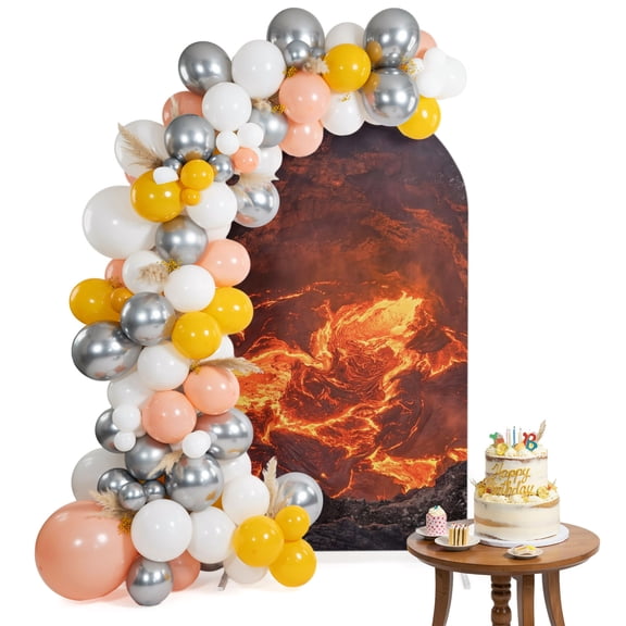 Volcano Lava Arch Backdrop Cover 4FT Nature Abstract Volcano Dark Abyss Fire Spandex Fitted Arch Covers Stretchy Backdrop Decoration for Wedding Birthday Graduation Party