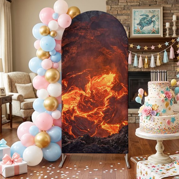 Volcano Lava Arch Backdrop Covers 4 FT, Nature Abstract Volcano Dark Abyss Fire Stretchy Fitted Arched Stand Covers Party Arch Stand Cover Photo Booth for Wedding Birthday Decor