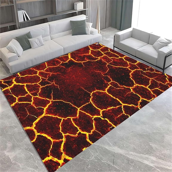 Volcano Lava Area Rug, 3D Huge Crack Floor Rug, Absorbent Easy Clean Bath Room Mat, Washable Non Slip Rubber Backed Non-Shedding Thin Rug For Kids Teen Kitchen 4x5ft