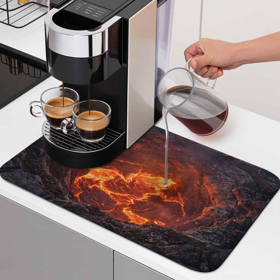 Volcano Lava Dish Drying Mats for Kitchen Counter, Nature Abstract Volcano Dark Abyss Fire Absorbent Coffee Bar Mat with Non-slip Rubber Backed Quick Drying Dish Rack Pad 12"x16"