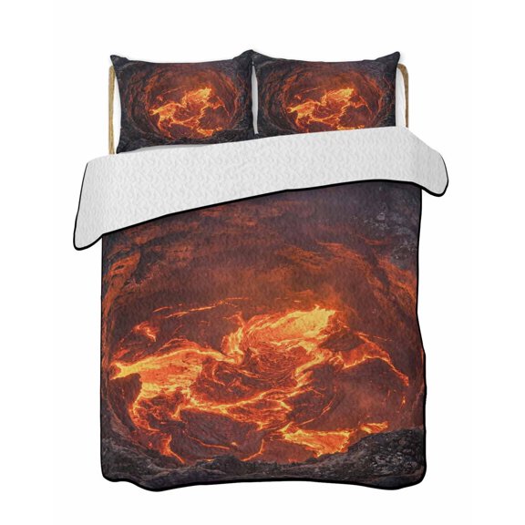 Volcano Lava Quilts Bedding Set Twin Size Nature Abstract Volcano Dark Abyss Fire Lightweight Quilted Bedspread 3 Piece Bed Quilt with 2 Pillow Shams All Season for Bedroom 68" x 86"