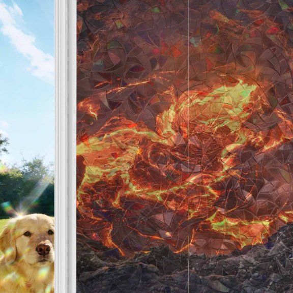 Volcano Lava Rainbow Window Privacy Film, Nature Abstract Volcano Dark Abyss Fire Stained Glass Window Film, Sun Blocking Glass Clings Static Cling Non Adhesive Door Stickers 19.6 x 39.3 Inches