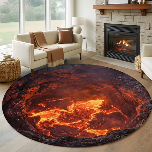 Volcano Lava Round Rugs for Living Room 7ft Nature Abstract Volcano Dark Abyss Fire Non Slip Circle Rug Washable Low-Profile Indoor Carpet for Bedroom, Dining Room, Bathroom