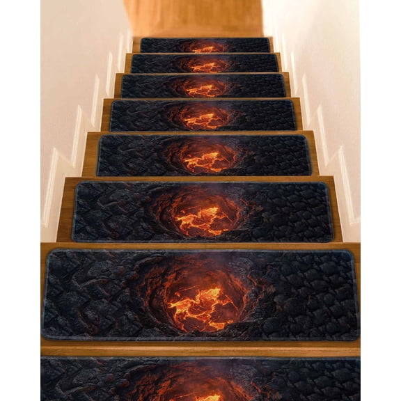 Volcano Lava Stair Treads Nature Abstract Volcano Dark Abyss Fire Indoor Non Slip Peel and Stick Stair Treads for Wooden Steps 4 PCS, Soft Adhesive Staircase Mats Runner Rugs 8"x30"
