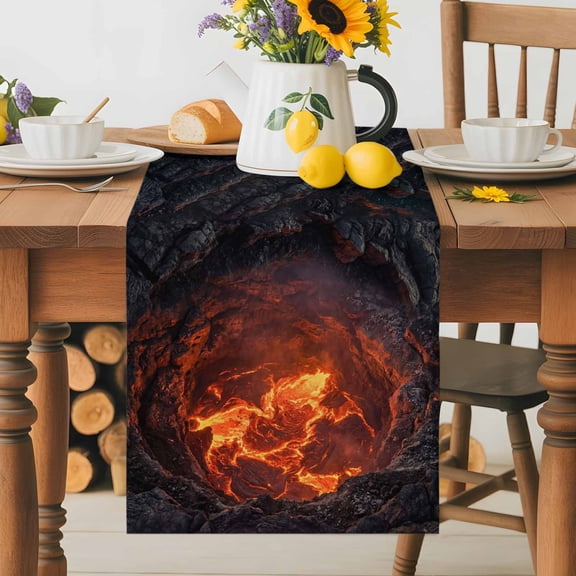 Volcano Lava Table Runner 13x36 Inch Nature Abstract Volcano Dark Abyss Fire Cotton Linen Dining Table Runner Ideal for Dresser Kitchen Coffee Tables - Machine Washable