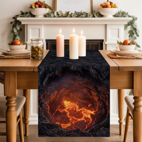 Volcano Lava Table Runner, Nature Abstract Volcano Dark Abyss Fire Washable Cotton-linen Table Runners Dining Kitchen Decoration for Everyday Home Wedding Party Decor, 13 x 36 Inch