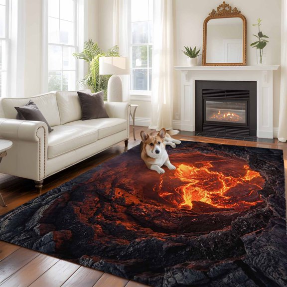 Volcano Lava Washable Area Rug 8x10 Nature Abstract Volcano Dark Abyss Fire Low-Profile Large Area Rugs with Non Slip Backing Indoor Floor Carpet for Entrance Living Room Bedroom Home Office