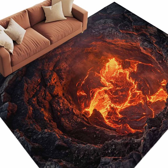 Volcano Lava Washable Living Room Rugs 9'x12', Nature Abstract Volcano Dark Abyss Fire Low Pile Throw Large Area Rug Non-Slip Sturdy Edge Binding Carpet for Bedroom Dining Room Office