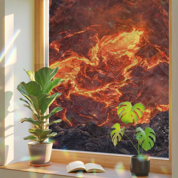 Volcano Lava Window Privacy Film, Nature Abstract Volcano Dark Abyss Fire Stained Glass Rainbow Film Decorative Window Clings, Static Cling Sun Blocking Stickers 17.7" x 39.3"
