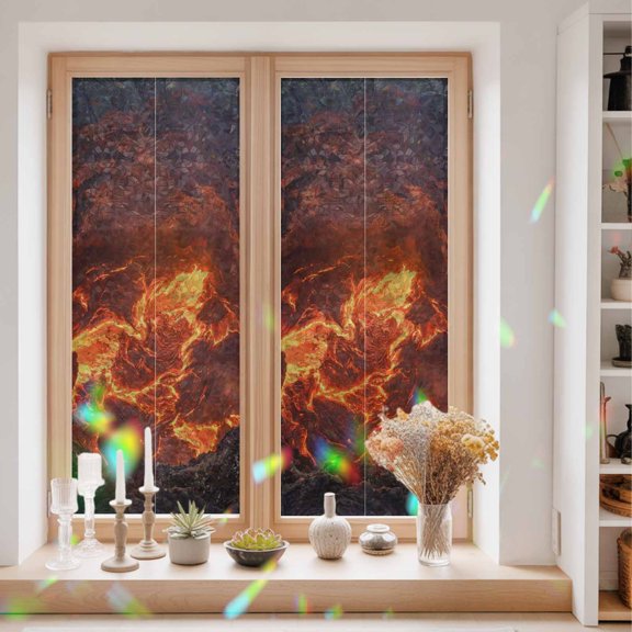 Volcano Lava Window Privacy Film Nature Abstract Volcano Dark Abyss Fire Static Cling Stained Glass Window Film Non-Adhesive Decorative Decals Rainbow Sticker 23.6"X59"