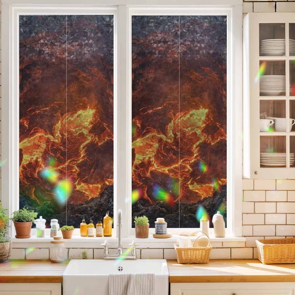 Volcano Lava Window Privacy Film Nature Abstract Volcano Dark Abyss Fire Static Cling Stained Glass Window Film Non-Adhesive Decorative Decals Rainbow Sticker 17.7"X39.3"