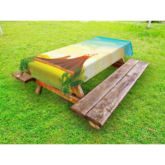 Volcano Outdoor Tablecloth, Prehistoric Mountain Magma View Lava with Clouds Ferns Tectonic Pastoral Landscape, Decorative Washable Fabric Picnic Tablecloth, 58 X 104 Inches, Multicolor, by Ambesonne