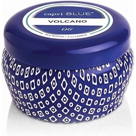 Volcano Scented Mini Tin Jar Candle - Luxury Candles for Home Scented with Tropical Fruit & Sugared Citrus - Soy Candle Wax Blend (Blue, 3 oz)