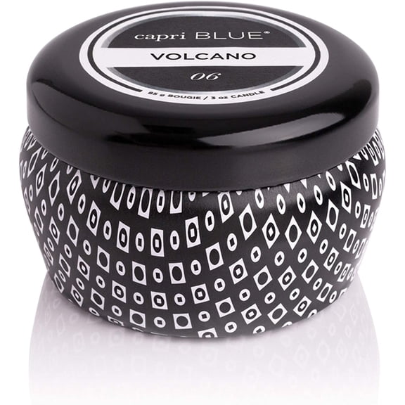 Volcano Scented Mini Tin Jar Candle - Printed Mini Tin Candles for Home Scented with Tropical Fruit & Sugared Citrus - Long Lasting Soy Wax Blend - Black (3 oz)