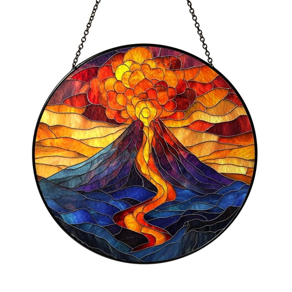 Volcano Stained Glass Style Suncatcher, Fantasy Erupting Mountain Window Hanging Art Decor, Dramatic Nature Landscape Home Window Decoration