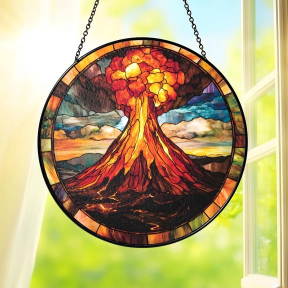 Volcano Stained Glass Suncatcher Window Hanging Handmade Style Art Decor