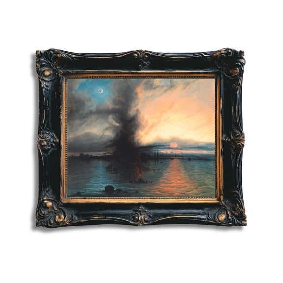Volcano Sun Seascape Vintage Moon Sun Sky Coastal Seascape Nautical Beach House Wall Decor Unframed Paper Print