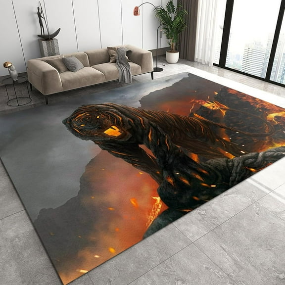 Volcano Tiger Animal Area Rugs, Red Lava Cartoon Abstract Children's Rug, Bedroom Rug Pattern Clear Comfortable Feet Apply to Playroom Cafe Office Door Mats Porch 4x5ft