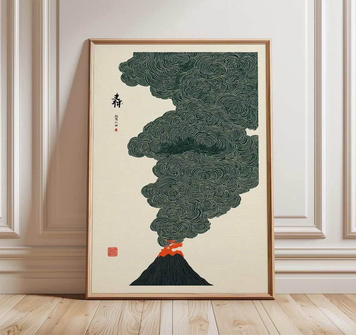 Volcano Wall Art Print, Japanese Style Decor, Eruption Artwork ...