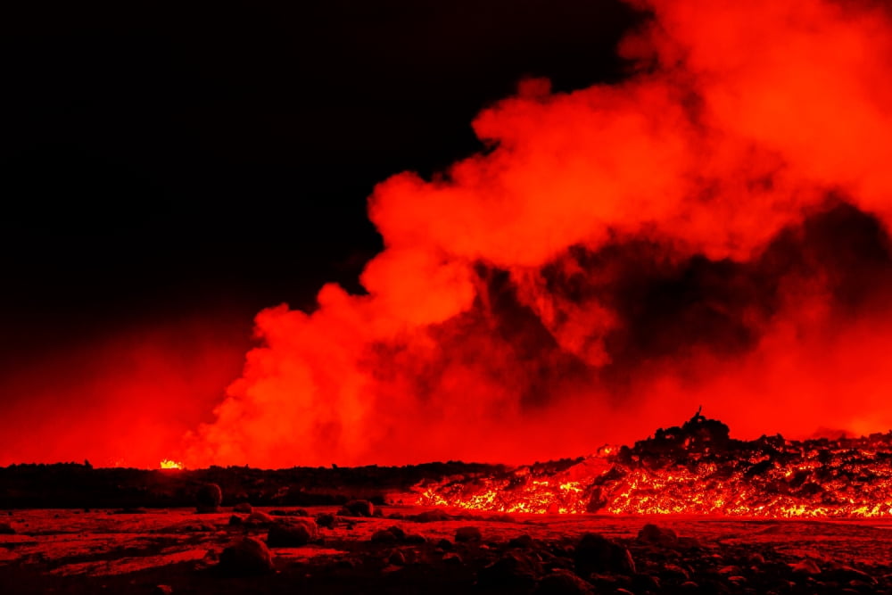 Volcano eruption at the Holuhraun Fissure near Bardarbunga Volcano Iceland Canvas Art - Panoramic Images (36 x 12)