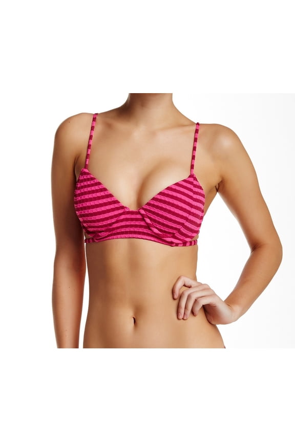 FIESTA PINK Broken Lines Textured Bikini Swim Top, US Small