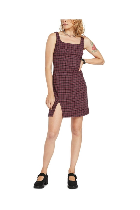 Juniors' Chicheck Urself Plaid Slit Hem Mini Tank Dress - Eggplant, Size Large (10)