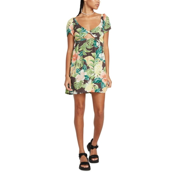 Volcom Juniors' Excapism Floral Print Front Keyhole Mini Dress - Size X-Small (0/2) - Slate Grey