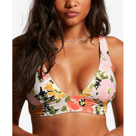 Volcom Women's Counting Down Floral Print Bikini Swim Top Pink Multi Size Large