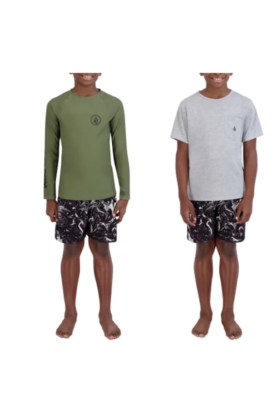 Volcom Youth Boy's 3 Piece Swim Set, Tee, Swim Short and Rashguard (US, Alpha, Small, Regular, Green)