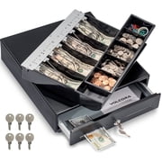 Volcora 13" Cash Register Drawer for Point of Sale POS System with Fully Removable 2 Tier Cash Tray, 4 Bill/5 Coin, 12-24V, RJ11/RJ12 Key-Lock, Double Media Slot, Small Money Drawer, Black