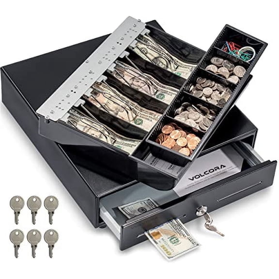 Volcora 13" Cash Register Drawer for Point of Sale (POS) System with Fully Removable 2 Tier Cash Tray, 4 Bill/5 Coin, 12-24V, RJ11/RJ12 Key-Lock, Double Media Slot, Small Money Drawer, Black