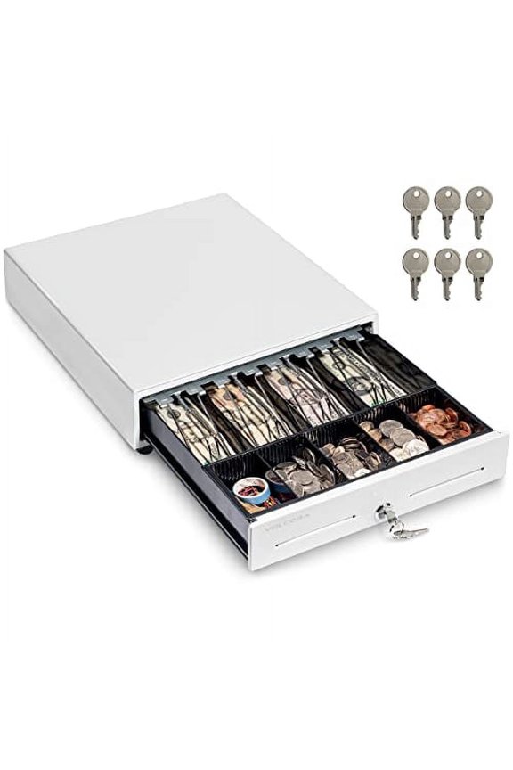 Volcora 13" Cash Register Drawer for Point of Sale (POS) System with 4 Bill 5 Coin Cash Tray, Removable Coin Compartment, 24V, RJ11/RJ12 Key-Lock, Media Slot, White - for Stores, Shops and Businesses