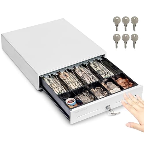 Volcora 13" Manual Push Open Cash Register Drawer for Point of Sale (POS) System, White Heavy Duty Till with 4 Bills and 5 Coin Slots, Key Lock with Removable Coin Tray and Double Media Slots