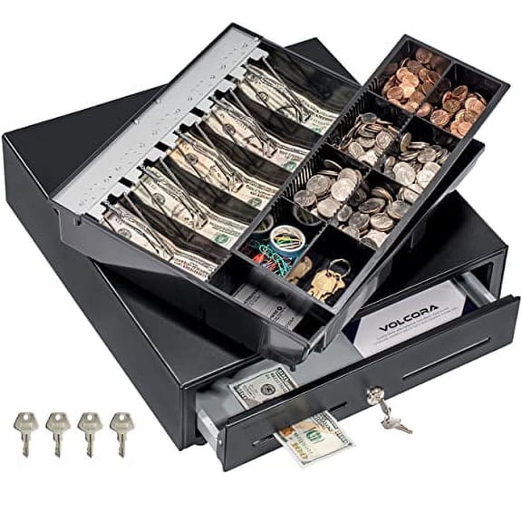 Volcora Cash Register Drawer for Point of Sale (POS) System with Fully Removable 2 Tier Cash Tray, 5 Bill/8 Coin, 12-24V, RJ11/RJ12 Key-Lock, Double Media Slot, Black