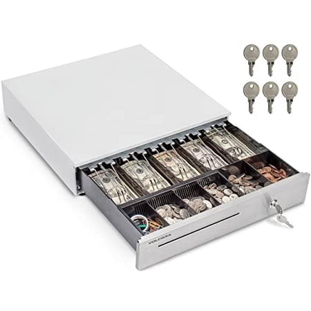 Volcora Cash Register Drawer for Point of Sale (POS) System with Removable Coin Tray, 5 Bill/6 Coin, 24V, RJ11/RJ12 Key-Lock, Media Slot, White