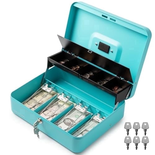 Volcora Large Cash Box with Lock and Key – Heavy Duty Metal Money Box with Removable Tray, 6 Keys Included, for Commercial, Yard Sale or Business