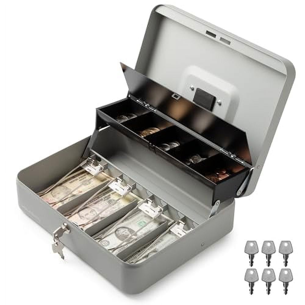 Volcora Large Cash Box with Key Lock, Metal Money Box for Cash, Portable Locking Safe Box with Money Tray, Durable Money Saving Organizer for Yard Sale, Garage Sale, Small Business, Gray