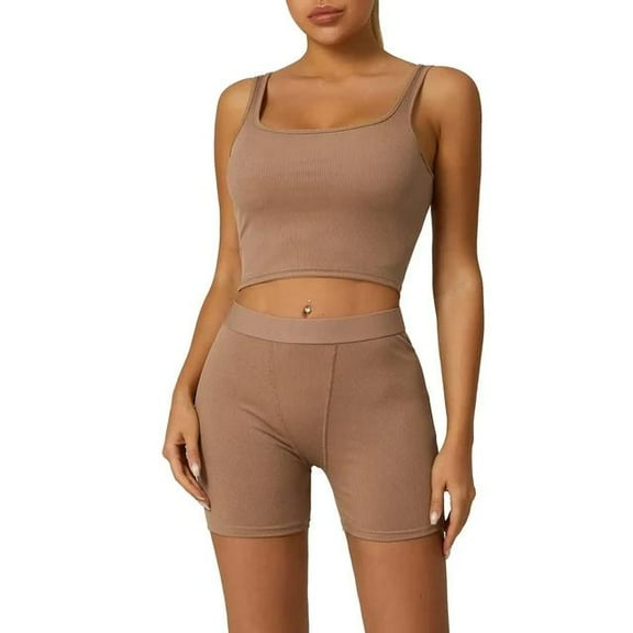 VoleFox 2pcs Solid Color Yoga Workout Sets, Sleeveless Crop Sports Top & High Waist Running Shorts Suits, Women's Activewear