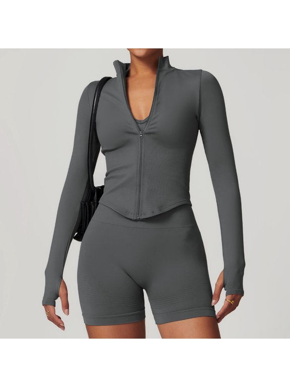 Only Coat Womens Slim-Fit Zip-Up Yoga Jacket Quick-Dry Long Sleeve High Neck Workout Top for Outdoor Fitness and Gym Training Activewear Sportswear