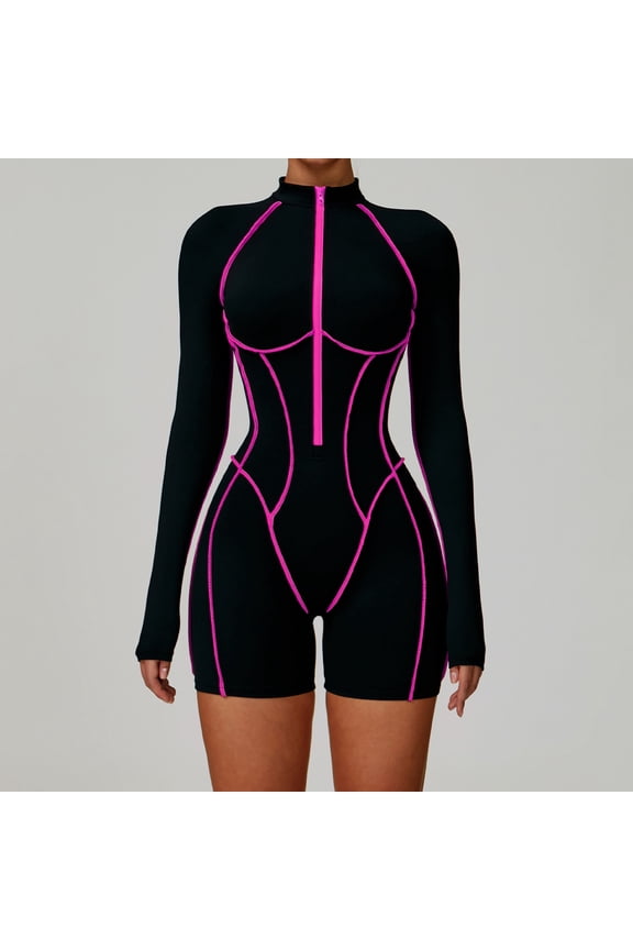 Fuzzy Worn Color - Blocked Long - Sleeve Yoga Jumpsuit with Hollowed - Out Back Design for a Sexy Look Tight - Fitting Fitness Wear for High - Intensity Exercises Ideal