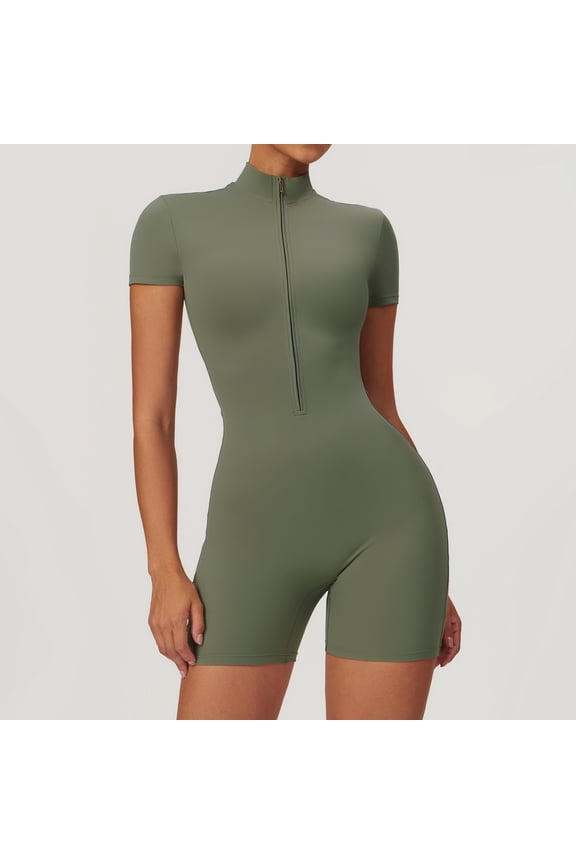 Women's Short Sleeve Zip-Up Yoga Jumpsuit Breathable Workout Bodysuit for Dance Fitness Summer Tight Sportswear