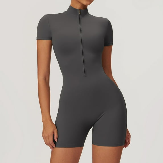 VoleFox Women's Short Sleeve Zip-Up Yoga Jumpsuit Breathable Workout Bodysuit for Dance Fitness Summer Tight Sportswear