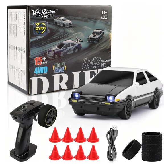 VoleRusher [2026 New Upgrade 1/43 Scale Mini Drift Car with Gyroscope, Toys for Age 8-14 Old Birthday Gifts, Micro Small with Full Proportional RTR 2.4GHz Remote 2 Tire Sets 8 Cones - White Y101