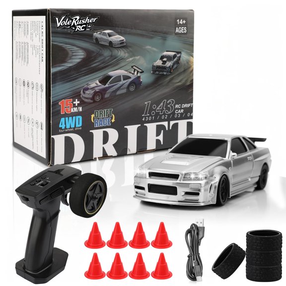 VoleRusher RC [4WD Edition 1/43 Scale Mini RC Drift Car, Toys for Age 8-14 Old Birthday Gifts, High Speed Racing Micro Small with Full Proportional RTR 2.4GHz Remote 2 Tire Sets 8 Cones - Silver Y101