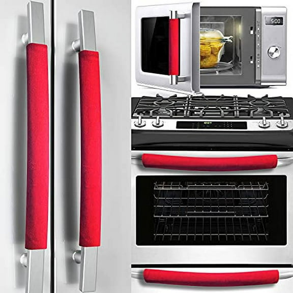 Volecy Refrigerator Door Handle Covers, Set of 5 Washable Cloth Decor Keep Appliance Clean for Fridge Microwave Stove Dishwasher Bathroom Handles Keep Off Liquid Oil Stain Dirty Handprints(Red Velvet)