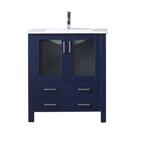 Volez 30 in W x 18.25 in D Navy Blue Bath Vanity, White Ceramic Top, and Faucet Set